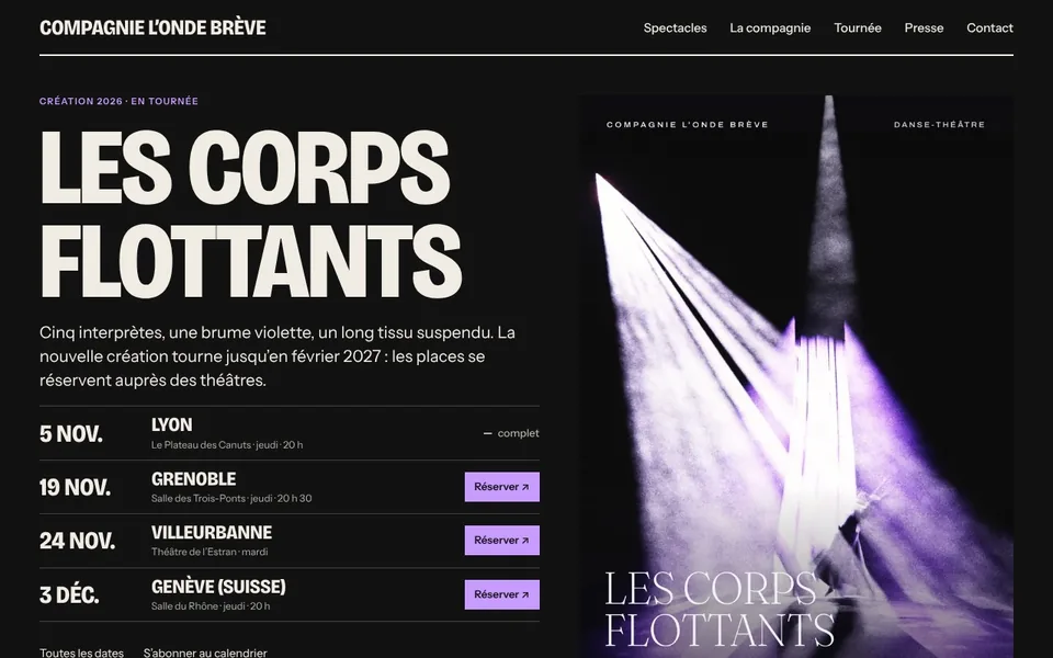 Page d’accueil du site de démonstration de Compagnie L’Onde brève, artiste fictif (ordinateur)