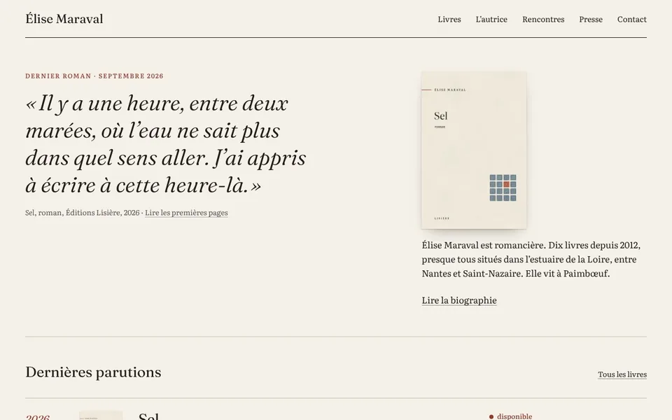 Page d’accueil du site de démonstration de Élise Maraval, artiste fictif (ordinateur)