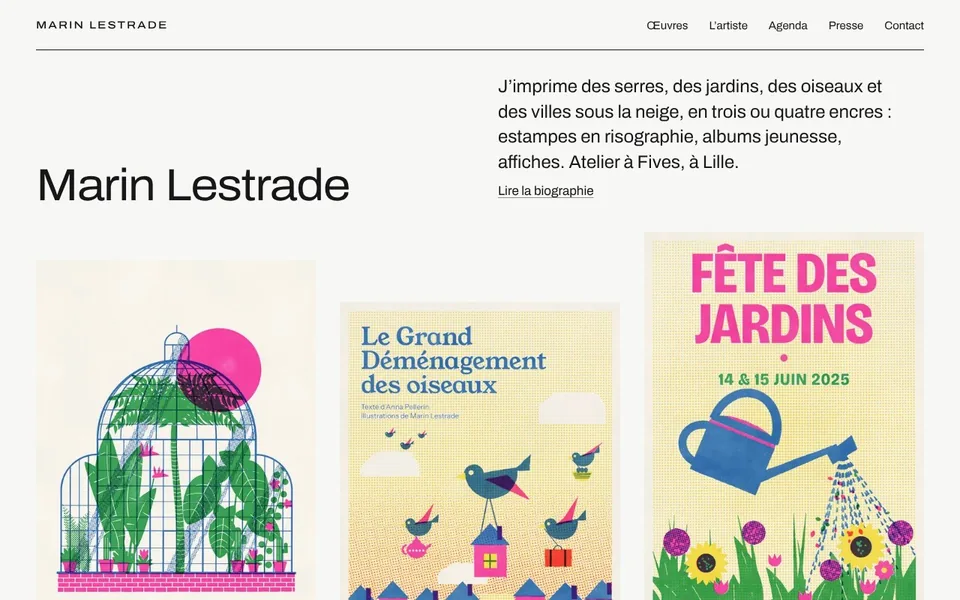 Page d’accueil du site de démonstration de Marin Lestrade, artiste fictif (ordinateur)