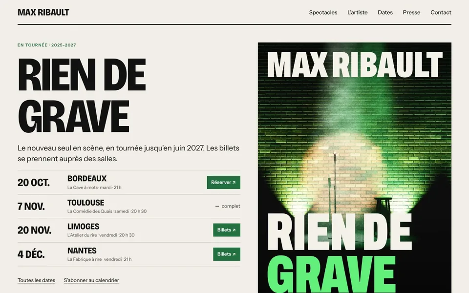 Page d’accueil du site de démonstration de Max Ribault, artiste fictif (ordinateur)
