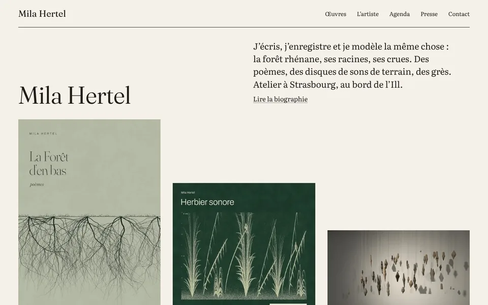 Page d’accueil du site de démonstration de Mila Hertel, artiste fictif (ordinateur)