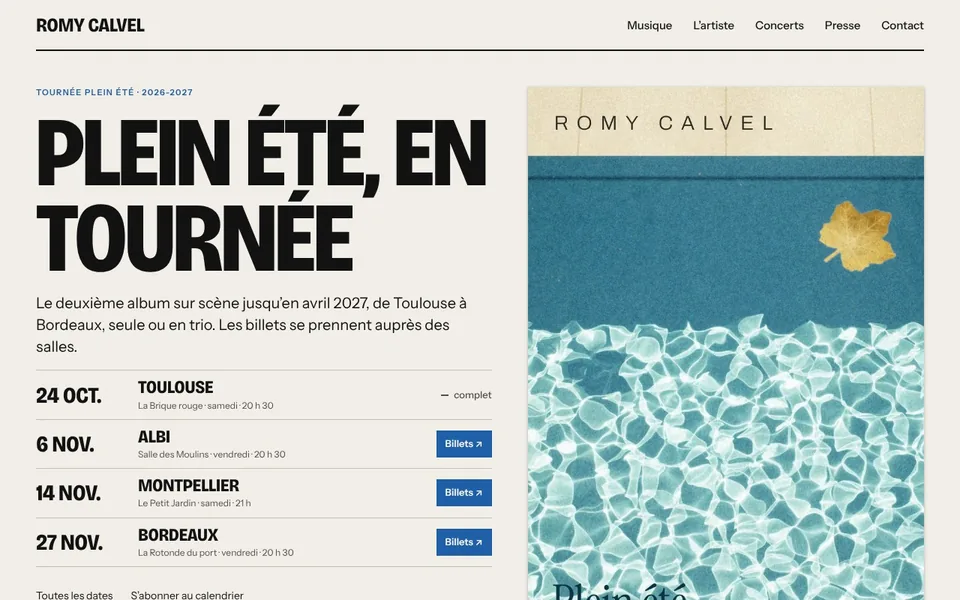 Page d’accueil du site de démonstration de Romy Calvel, artiste fictif (ordinateur)