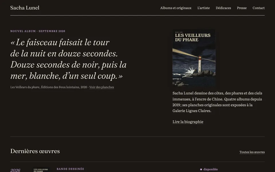Page d’accueil du site de démonstration de Sacha Lunel, artiste fictif (ordinateur)