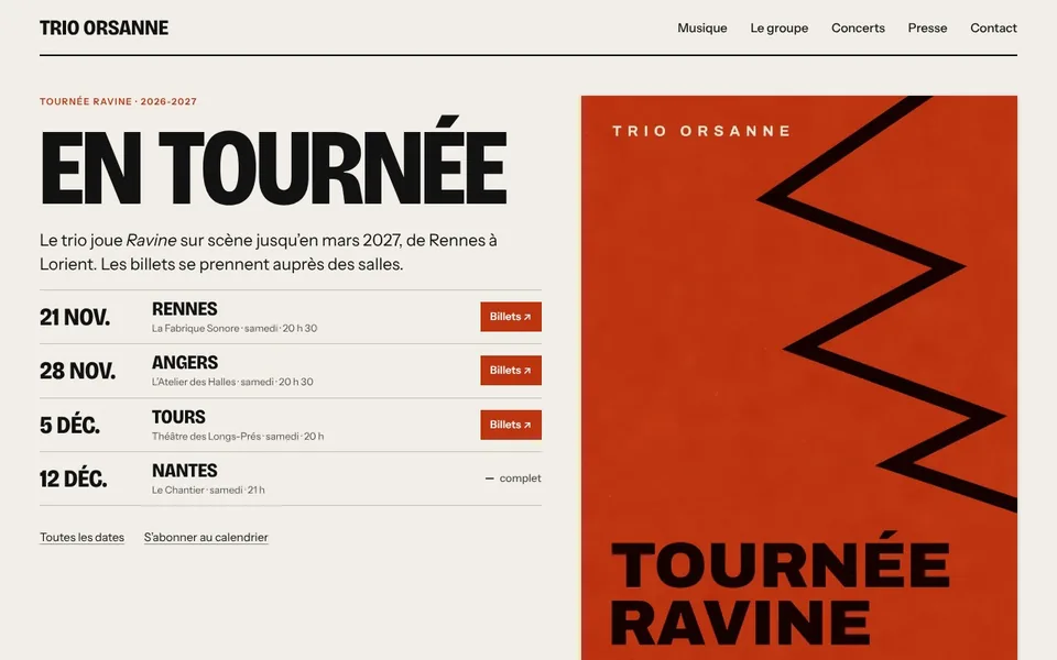 Page d’accueil du site de démonstration de Trio Orsanne, artiste fictif (ordinateur)