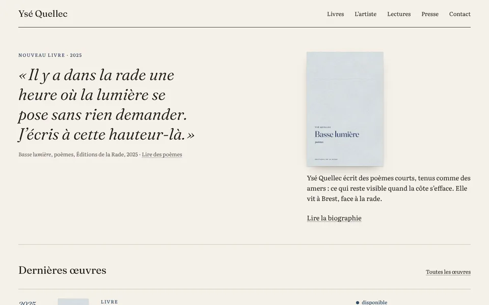 Page d’accueil du site de démonstration de Ysé Quellec, artiste fictif (ordinateur)