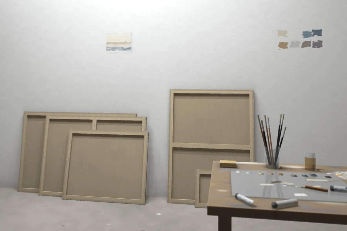 L’atelier sous une lumière zénithale : toiles retournées contre un mur blanc, une étude sur papier punaisée et des essais de couleur au mur, table de couleurs avec palette de verre, pots de brosses, tubes et cale à poncer.