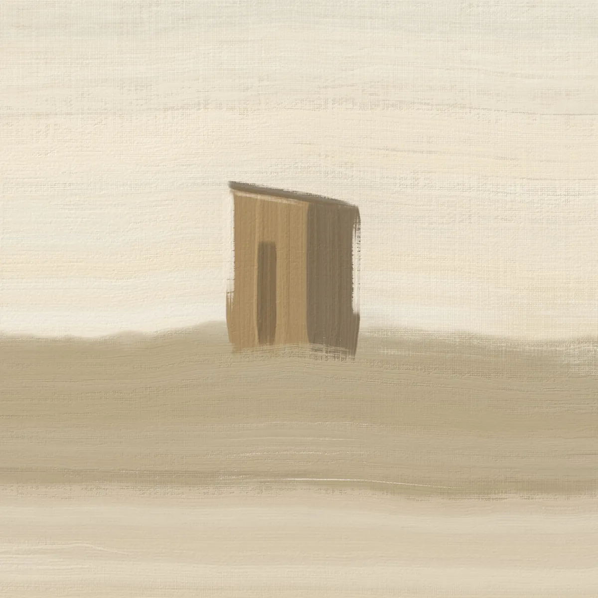 Détail de la petite cabane ocre posée sur la dune, peinte en quelques coups verticaux, face éclairée et côté d’ombre, sur un ciel crème où transparaît la trame de la toile.