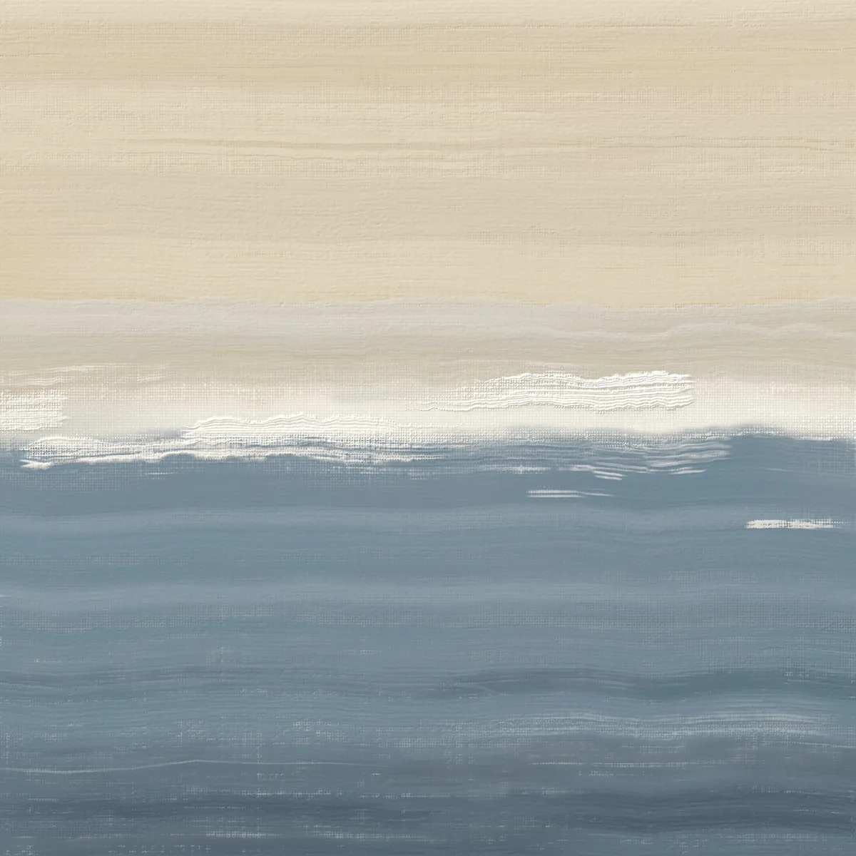 Détail rapproché de la ligne d’écume : pâte blanche en relief, brisée, avec l’apprêt et la trame de la toile visibles entre le sable mouillé et la mer ardoise.