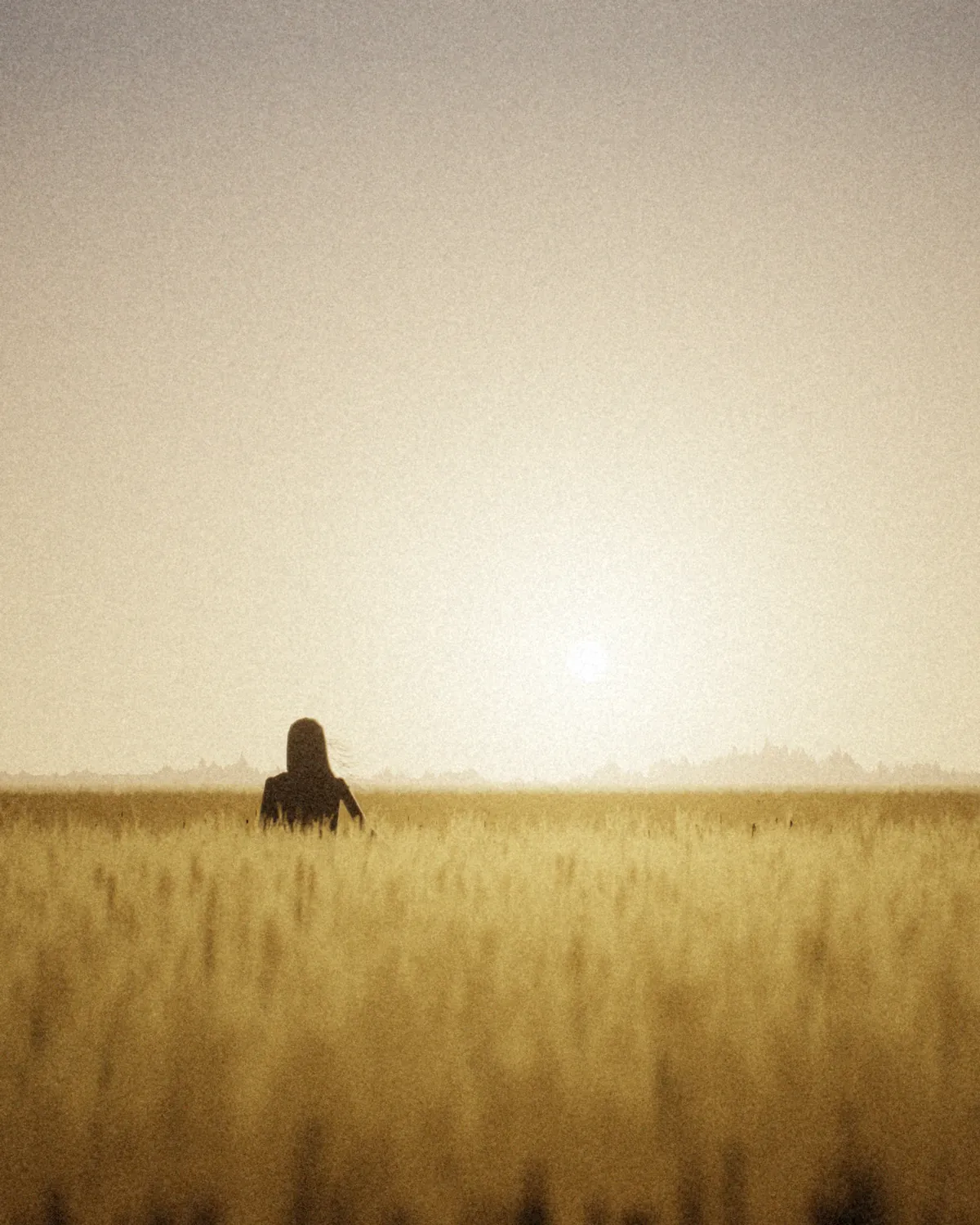 Silhouette lointaine d’une jeune femme vue de dos dans un champ de blé au soleil couchant, cheveux soulevés par le vent, la main effleurant les épis ; premier plan doré et flou, soleil voilé sur l’horizon.