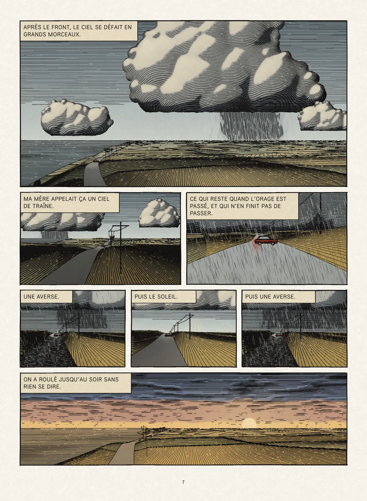 Planche en sept cases : une route côtière sous de grands cumulus, une voiture rouge sous l’averse, un triptyque averse, soleil, averse, puis la route au soir dans une lumière dorée.