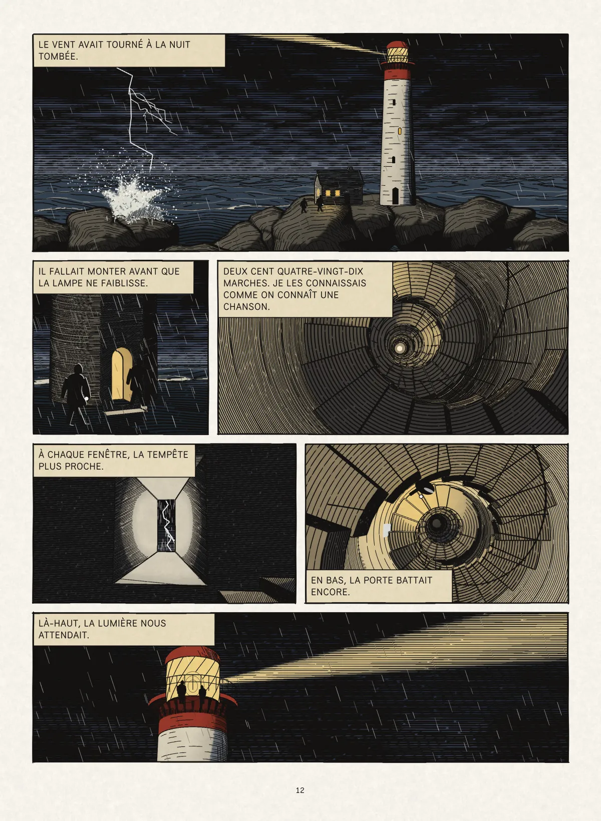 Planche en six cases : le phare et la maison du gardien dans la tempête, deux silhouettes qui entrent dans la tour, l’escalier en colimaçon vu d’en bas puis d’en haut, une meurtrière traversée d’un éclair, la lanterne allumée au sommet.