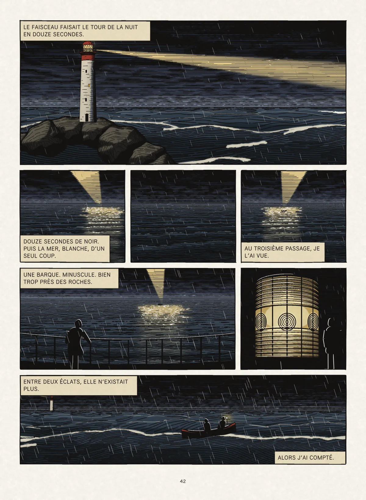 Planche en sept cases : le faisceau du phare balaie une mer de nuit, révèle puis perd une barque minuscule ; un gardien regarde depuis la galerie, la grande lentille brille dans la lanterne.